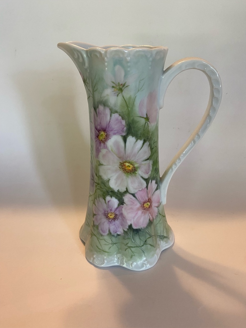 Antique Hand-Painted Porcelain Tankard Pitcher Cosmos Flowers Artist Signed